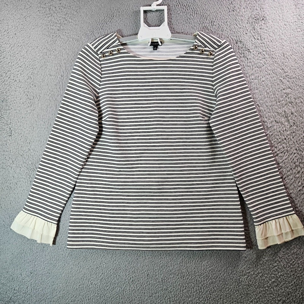 Talbots Top Women Medium Gold Button Boat Neck Ruffle Long Sleeve Gold Striped